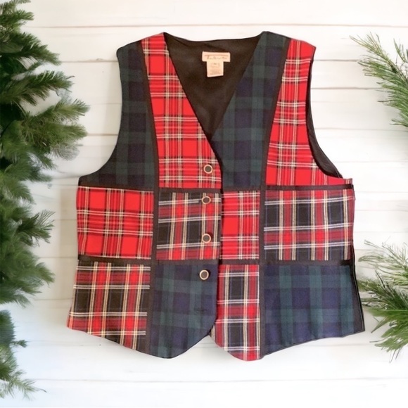 Talbots Red Plaid Patchwork Vest - Size Med - Picture 1 of 9